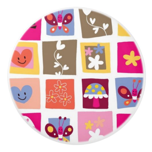 かわいい花、鳥、ハートはパターンを平方します セラミックノブ (正面)