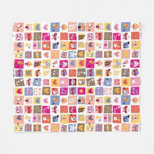 かわいい花、鳥、ハートはパターンを平方します フリースブランケット (正面(横))