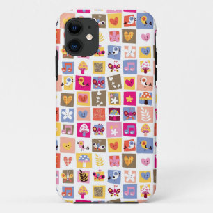 かわいい花、鳥、ハートはパターンを平方します iPhone 11 ケース