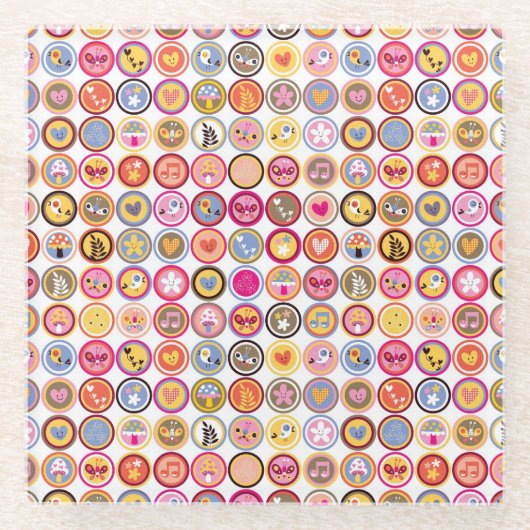 かわいい花、鳥、ハートパターン ガラスコースター (正面)