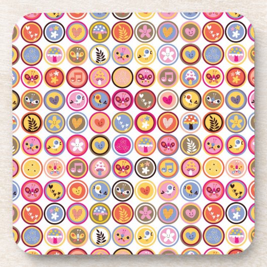 かわいい花、鳥、ハートパターン コースター (正面)