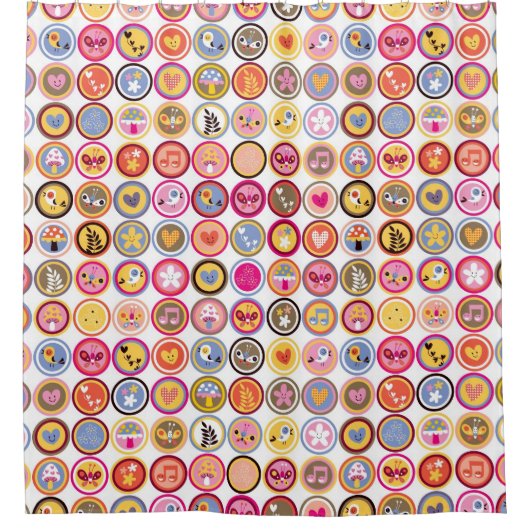 かわいい花、鳥、ハートパターン シャワーカーテン (正面)