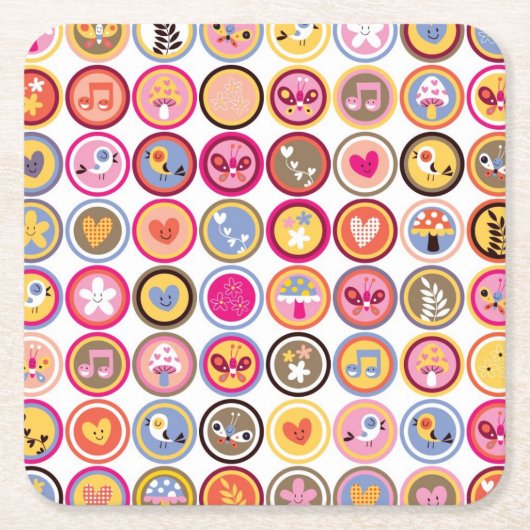 かわいい花、鳥、ハートパターン スクエアペーパーコースター (正面)