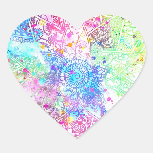 かわいい花henna手描きデザイン水色 ハートシール (正面)