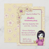 かわいい芸者ピンクと白の桜の誕生日パーティー 招待状 (正面/裏面)