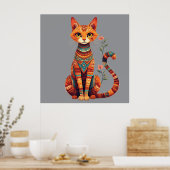 かわいい芸術的な花の枝を持つ猫 ポスター (キッチン)