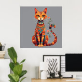 かわいい芸術的な花の枝を持つ猫 ポスター (ホームオフィス)