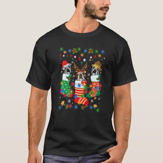 かわいい英語ブルドッグドッグパピークリスマスソックスXma Tシャツ (正面)