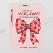 かわいい苺と小さな花の リボンが飾られたパーティー招待状 招待状 (正面/裏面)