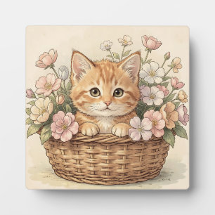 かわいい茶トラの子猫の花バスケット フォトプラーク