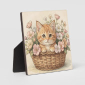 かわいい茶トラの子猫の花バスケット フォトプラーク (正面)