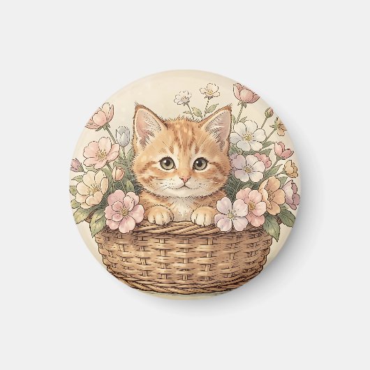 かわいい茶トラの子猫の花バスケット マグネット (正面)