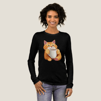 かわいい茶トラの猫とコーヒーのグラフィックがプリントされたロングスリーブTシャツ トライブレンドTシャツ