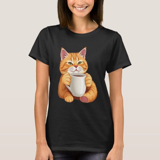 かわいい茶トラ猫とコーヒーのグラフィック Tシャツ (正面)