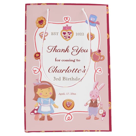 かわいい茶パーティーピンク誕生日ありがとう ミディアムペーパーバッグ (正面)
