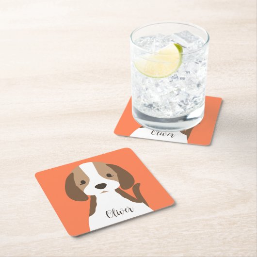 かわいい茶色と白い犬のポートレート スクエアペーパーコースター (インサイチュ)