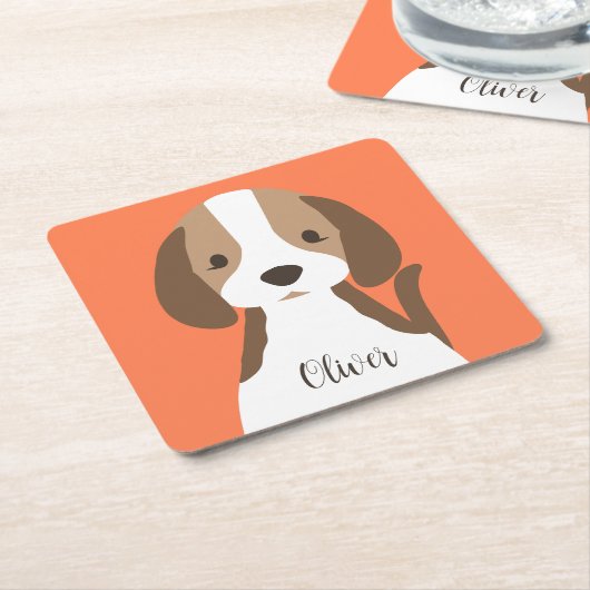 かわいい茶色と白い犬のポートレート スクエアペーパーコースター (アングル)