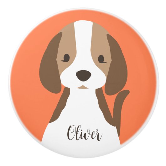 かわいい茶色と白い犬のポートレート セラミックノブ (正面)