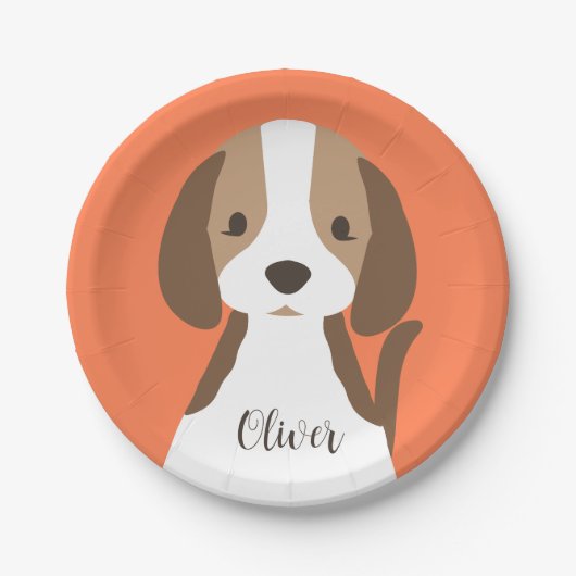 かわいい茶色と白い犬のポートレート ペーパープレート (正面)