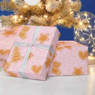かわいい茶色と白のクッキーピンクのクリスマス ラッピングペーパー
