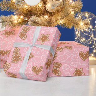 かわいい茶色と白のクッキーピンクのクリスマス ラッピングペーパー
