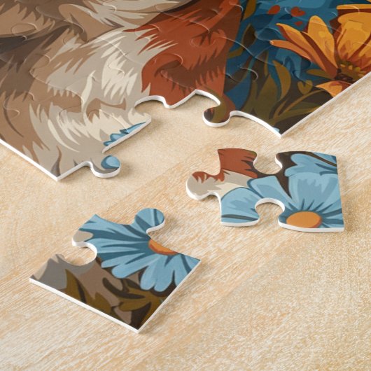 かわいい茶色と白の犬と花 ジグソーパズル (側面)