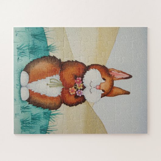 かわいい茶色のウサギの笑顔の子供 ジグソーパズル (横)