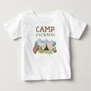 かわいい茶色のクマのテント ハッピーキャンパー 1歳の誕生日 ベビーTシャツ