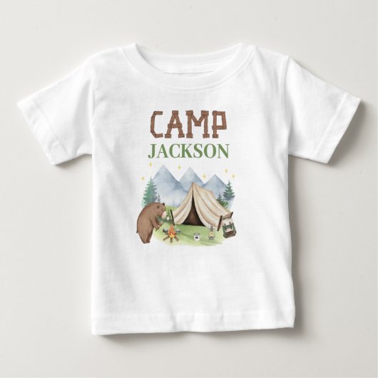 かわいい茶色のクマのテント ハッピーキャンパー 1歳の誕生日 ベビーTシャツ (正面)