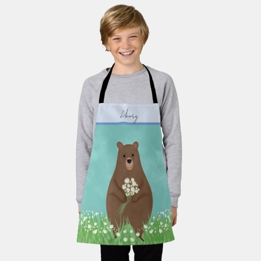 かわいい茶色のクマパーソナライズされたキッズエプロン エプロン (着用した状態)