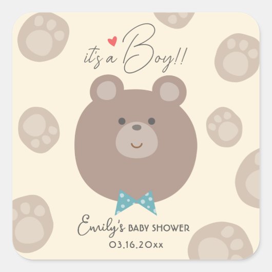 かわいい茶色のテディベア赤ちゃんシャワーの男の子 スクエアシール (正面)