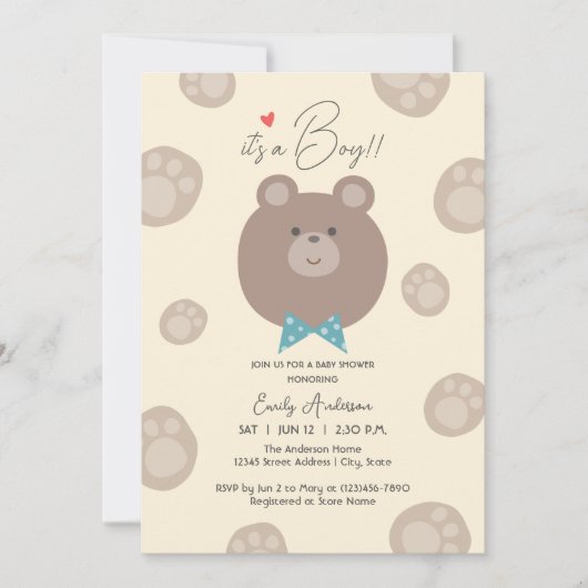 かわいい茶色のテディベア赤ちゃんシャワーの男の子 招待状 (正面)