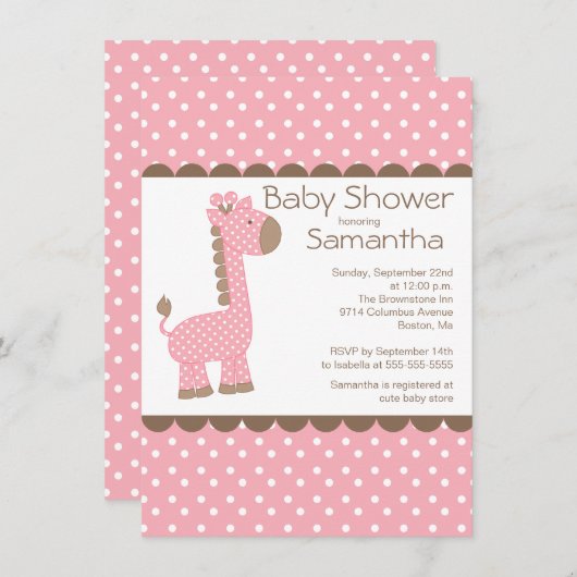 かわいい茶色のピンクのキリンの女の子の赤ちゃんシャワー 招待状 (正面/裏面)