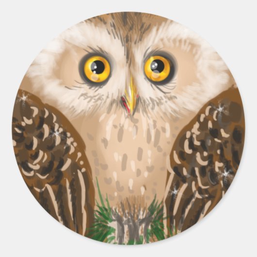 かわいい茶色のフクロウ ラウンドシール (正面)