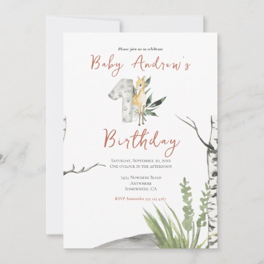 かわいい茶色のベビー鹿の水の色の最初の誕生日 招待状 (正面)