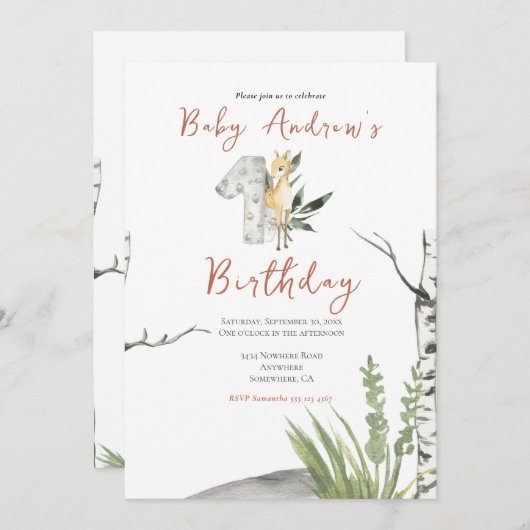 かわいい茶色のベビー鹿の水の色の最初の誕生日 招待状 (正面/裏面)