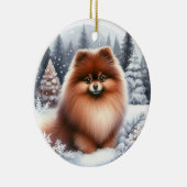 かわいい茶色のポメラニア犬犬の風光明媚な冬 セラミックオーナメント (右)