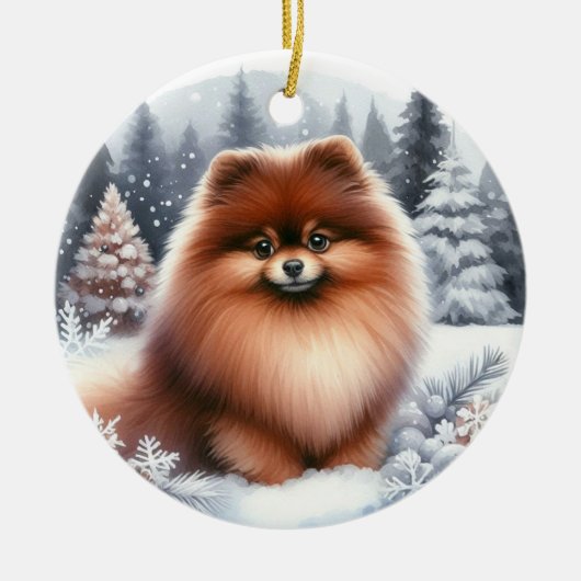 かわいい茶色のポメラニア犬犬の風光明媚な冬 セラミックオーナメント (正面)