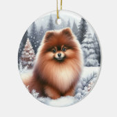 かわいい茶色のポメラニア犬犬の風光明媚な冬 セラミックオーナメント (左)