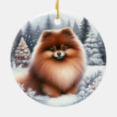 かわいい茶色のポメラニア犬犬の風光明媚な冬 セラミックオーナメント (裏面)
