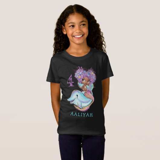 かわいい茶色の人魚とイルカ誕生日Tシャツ Tシャツ (正面フル)