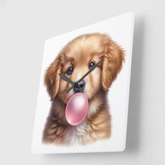 かわいい茶色の子犬がバブルガムを吹く保育園 スクエア壁時計 (傾斜)