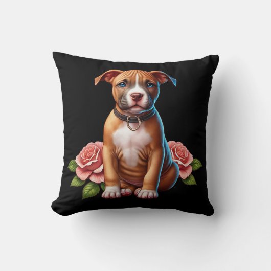 かわいい茶色の子犬とバラ クッション (正面)