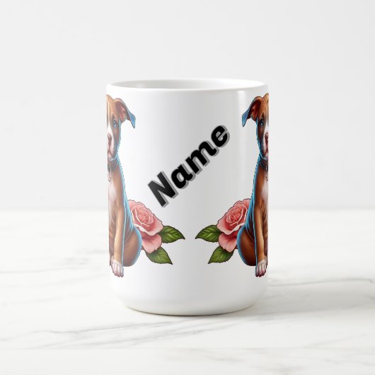かわいい茶色の子犬とバラ コーヒーマグカップ (中央)