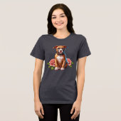 かわいい茶色の子犬とバラ トライブレンドＴシャツ (正面全面)