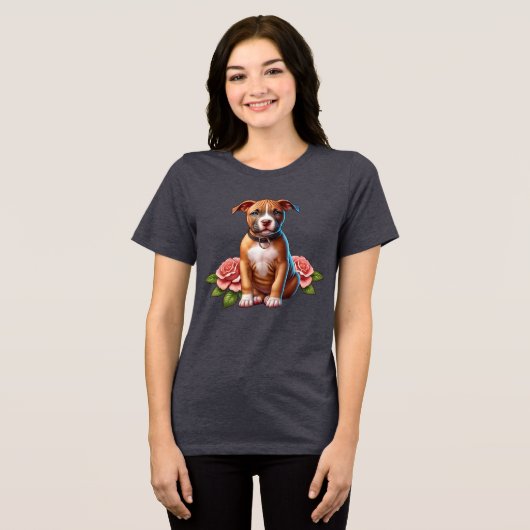 かわいい茶色の子犬とバラ トライブレンドＴシャツ (正面全面)