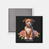 かわいい茶色の子犬とバラ マグネット (正面/裏面)
