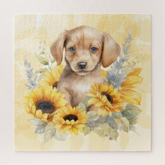 かわいい茶色の子犬と黄色のひまわりの水彩画 ジグソーパズル (縦)