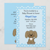 かわいい茶色の子犬の犬の青いベイビーボーイシャワー 招待状 (正面/裏面)
