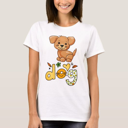 かわいい茶色の子犬の花ハート白 Tシャツ (正面)